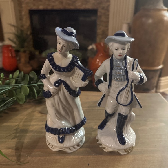 Colonial dandy figurine/doll and woman/lady with harp porcelain hand painted set - Picture 1 of 8
